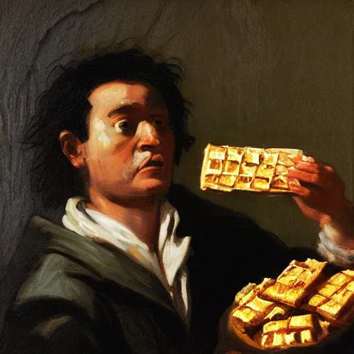 Image similar to saturn devouring a snickers chocolate bar, goya painting, in the style of goya and greg rutkowski, in the style of black paintings, 8 k, highly realistic