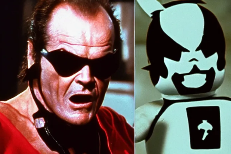 Image similar to Jack Nicholson in costume of Pikachu Terminator scene where his endoskeleton gets exposed and his eye glow red still from the film