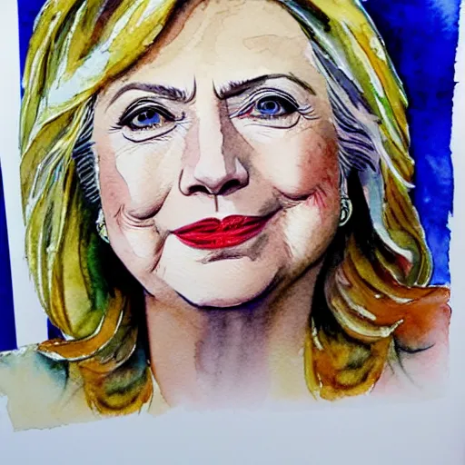 Prompt: detailed watercolor painting of hillary clinton's face, looking glamorous and resplendent and colorful