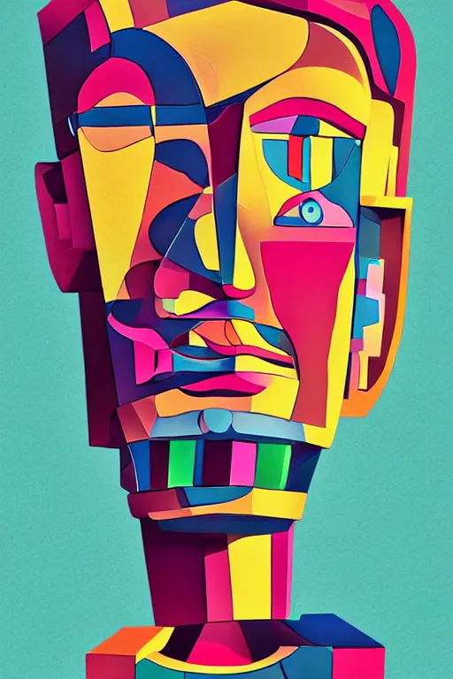 Image similar to cubist moai statue cutout digital illustration cartoon colorful beeple