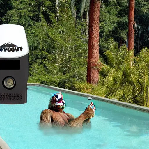 Prompt: bigfoot relaxing by the pool, surveillance camera still