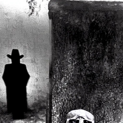 Image similar to cctv security cam grainy black and white footage of baron samedi in an spooky graveyard. baron samedi is wreathed in mist and shadow and is looking at the camera.