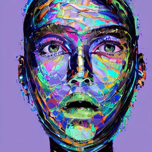 Prompt: a !!!holographic!!! !!!!human!!!! robotic head made of glossy iridescent, Face, Palette Knife Painting, Acrylic Paint, Dried Acrylic Paint, Dynamic Palette Knife Oil Paintings, Vibrant Palette Knife Portraits Radiate Raw Emotions, Full Of Expressions, Palette Knife Paintings by Francoise Nielly, Beautiful, Beautiful Face, surrealistic 3d illustration of a human face non-binary, non binary model, 3d model human, cryengine, made of holographic texture, holographic material, holographic rainbow, concept of cyborg and artificial intelligence