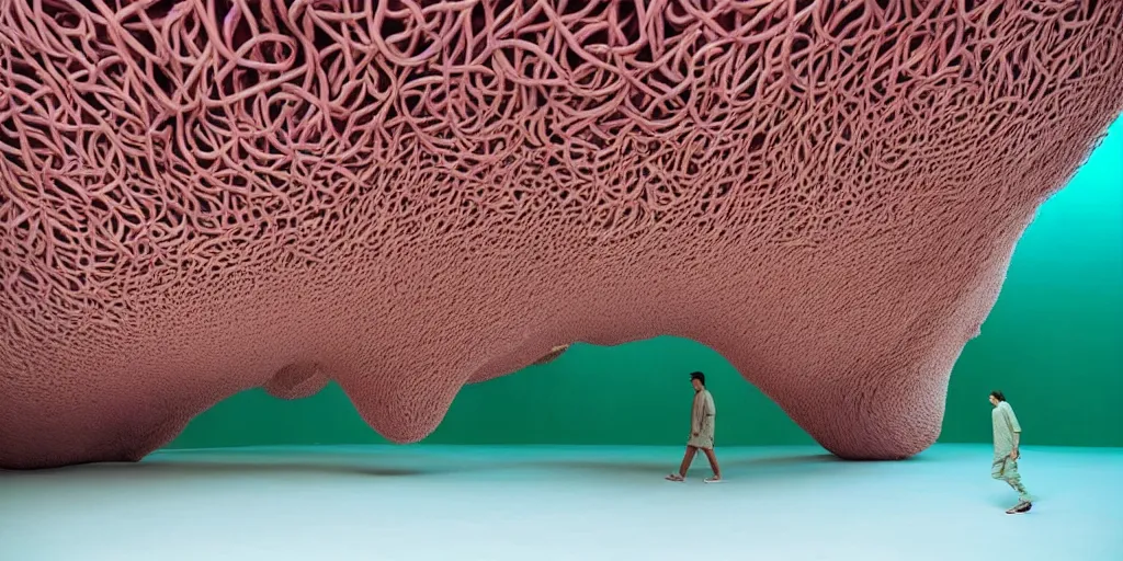 Image similar to biomorphic inflated structures by ernesto neto, light - mint with light - pink color, 4 k, insanely quality, highly detailed, film still from the movie directed by denis villeneuve with art direction by zdzisław beksinski, telephoto lens, shallow depth of field