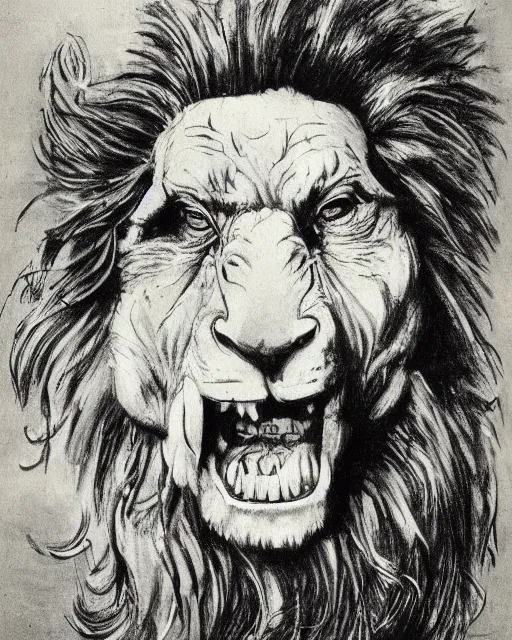 Image similar to a creature with the body and eyes of a man, with the beak of an eagle, the mane of a lion, and the horns of an ox. drawn by frank frazetta