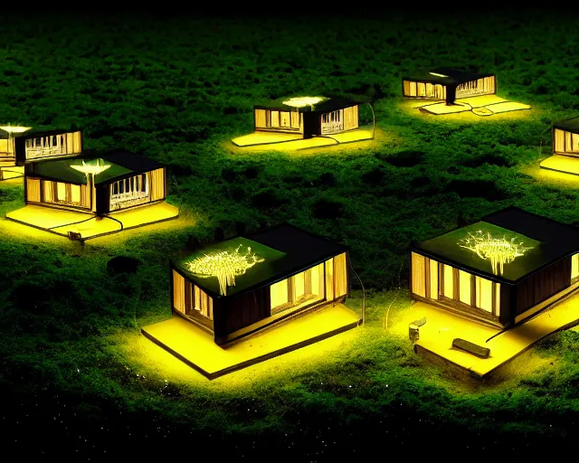 Prompt: connected ecovillage houses with solrarrofs - plant goddess high quality photo, microchip, artificial intelligence, bio - mechanical bio - luminescence, black wired cables, neurons, nerve cells, cinematic, rim light, photo - realistic, elegant, high detail, 8 k, masterpiece, high fashion, in the style of man ray