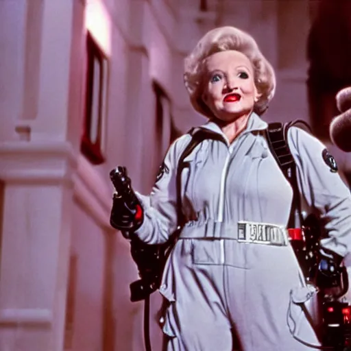Image similar to stunning awe inspiring betty white as a ghostbuster in the movie ghostbusters, movie still 8 k hdr atmospheric lighting
