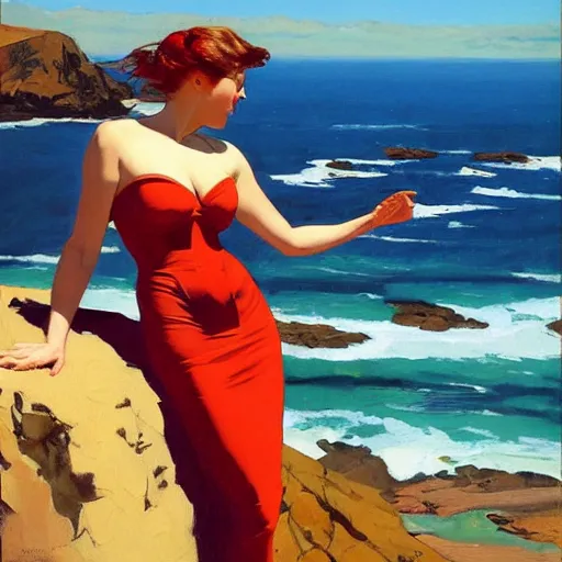 Image similar to an attractive female standing on a cliff, looking out at a red ocean, jc leyendecker!! phil hale!, angular, brush strokes, painterly, vintage, crisp