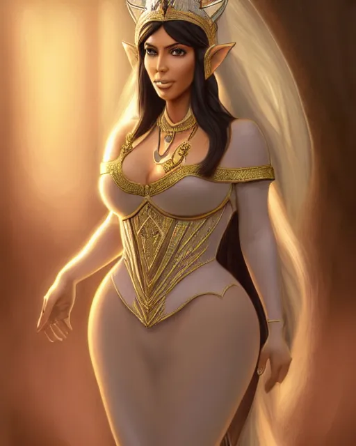 Image similar to A film still of kim kardashian as princess zelda in real life, highly detailed, digital painting, artstation, concept art, sharp focus, illustration, cinematic lighting, art by artgerm and greg rutkowski and alphonse mucha diffuse lighting, fantasy, intricate, elegant, highly detailed, lifelike, photorealistic, digital painting, artstation, illustration, concept art, smooth, sharp focus, art by John Collier and Albert Aublet and Krenz Cushart and Artem Demura and Alphonse Mucha