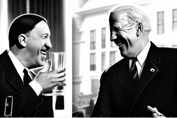 Image similar to “ very very intricate photorealistic photo of hitler and joe biden laughing together, detailed natural lighting, award - winning crisp details ”