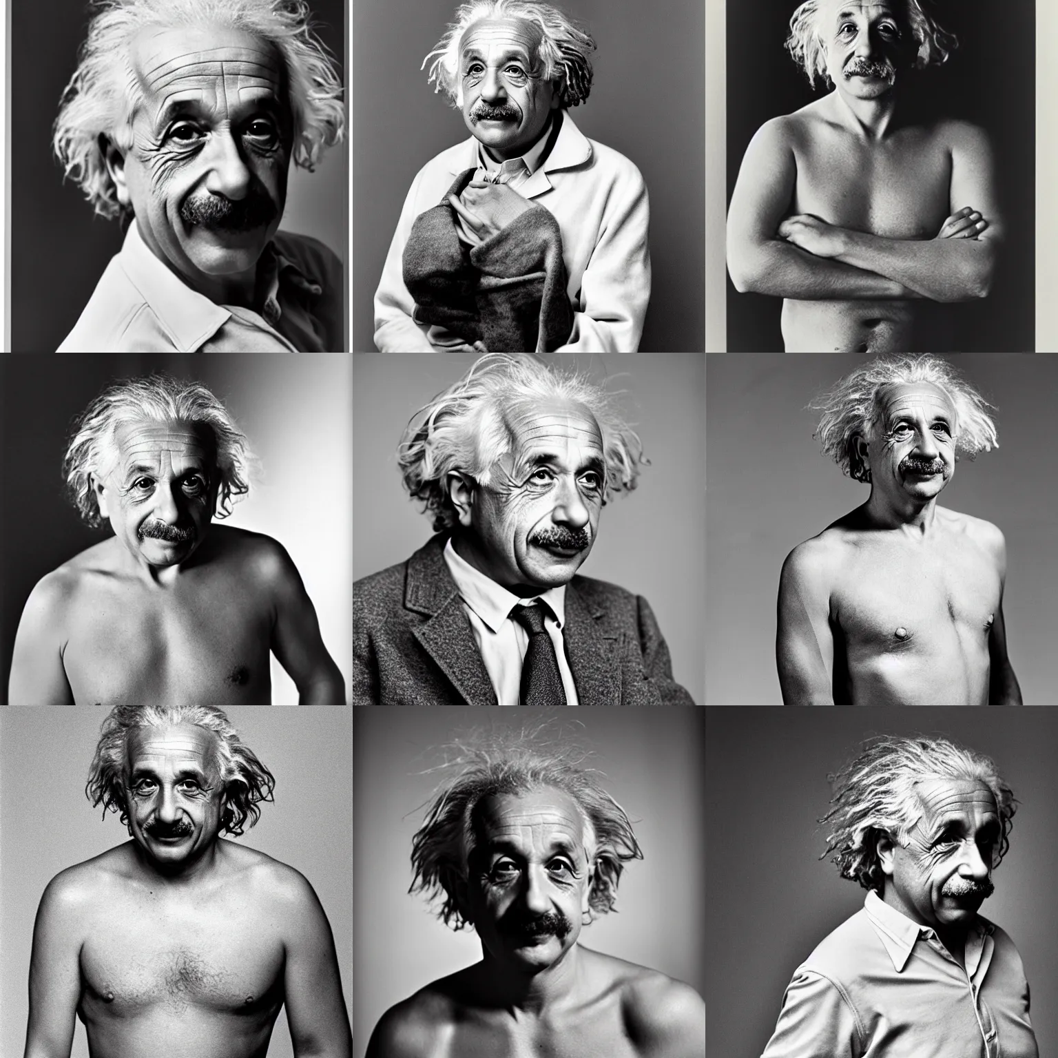 Prompt: Photo of Albert Einstein in swimsuit, soft studio lighting, photo taken by Anne Liebovitz for Abercrombie and Fitch, award-winning photograph, 24mm f/1.4