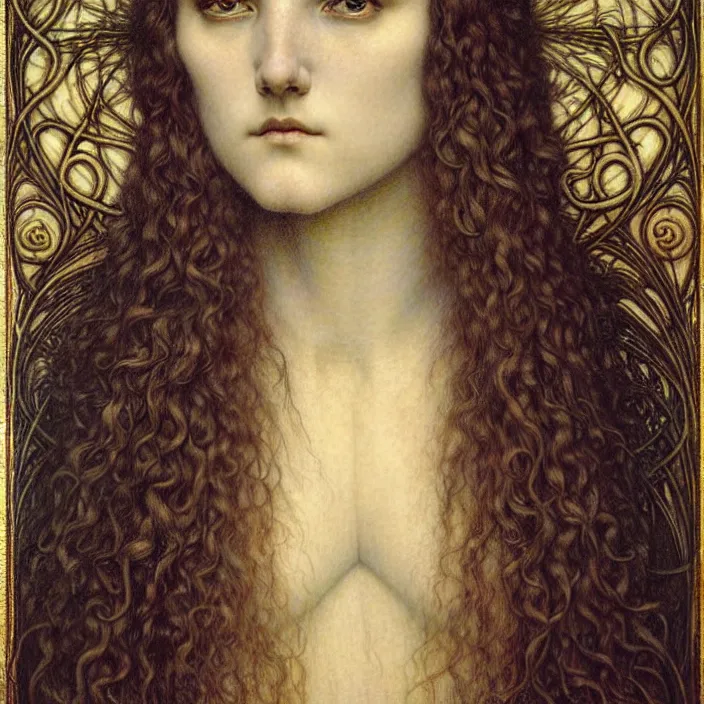 Image similar to detailed realistic beautiful young medieval queen face portrait by jean delville, gustave dore and marco mazzoni, art nouveau, symbolist, visionary, gothic, pre - raphaelite. horizontal symmetry