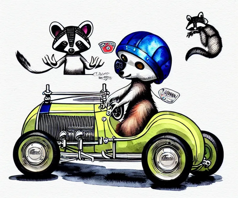 Prompt: cute and funny, racoon wearing a helmet riding in a tiny 1 9 2 7 bugatti type 3 5 b, ratfink style by ed roth, centered award winning watercolor pen illustration, isometric illustration by chihiro iwasaki, edited by range murata