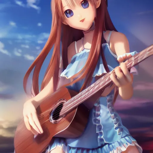 Image similar to a very beautiful little yuuki asuna playing guitar, full body, long wavy blond hair, sky blue eyes, full round face,, bikini, miniskirt, front view, mid - shot, highly detailed, cinematic wallpaper by stanley artgerm lau