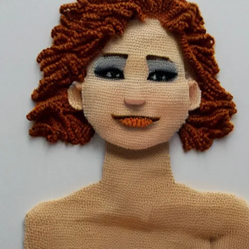 Image similar to jennifer lawrence made of yarn, crocheted caricature of jennifer lawrence, photorealistic, trending on artstation