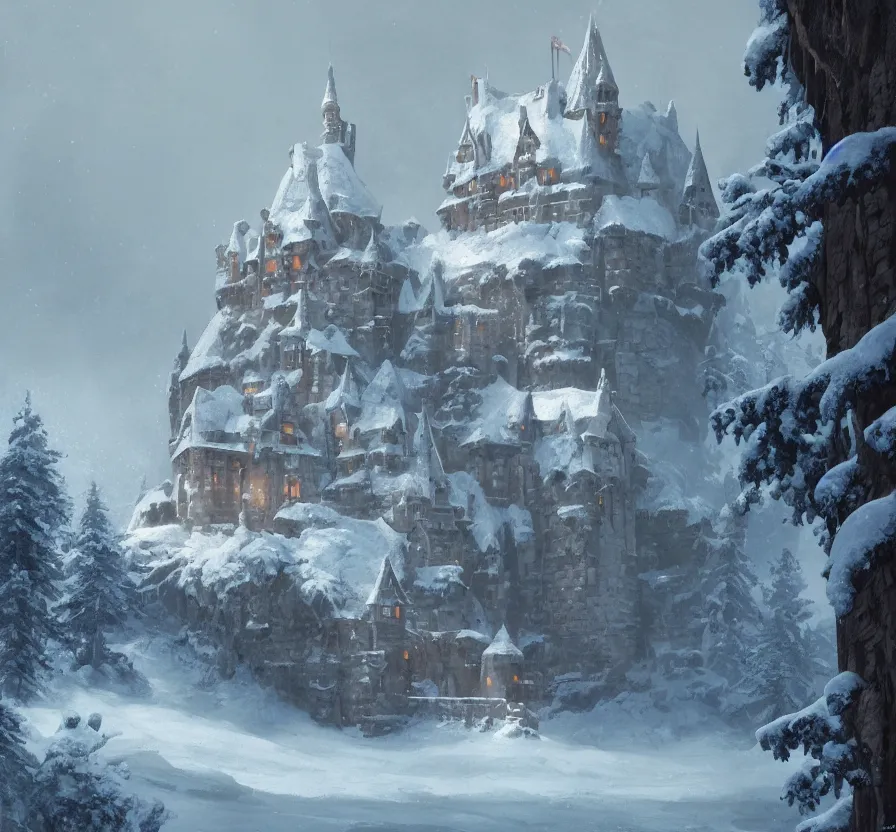 Image similar to a painting of a castle in the middle of a snowy mountain, a detailed matte painting by andreas rocha and greg rutkowski, featured on artstation, fantasy art, matte drawing, matte painting, artstation hq