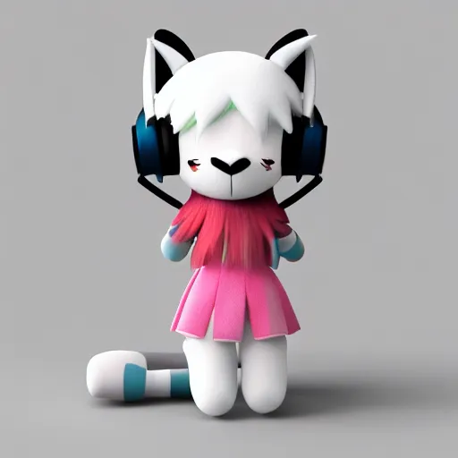 Prompt: cute fumo plush of a popstar wolf girl, anime girl, idol, headphones, tomboy, artstation, bubblegum pop, black and white, snowing, canine, v sign, vray