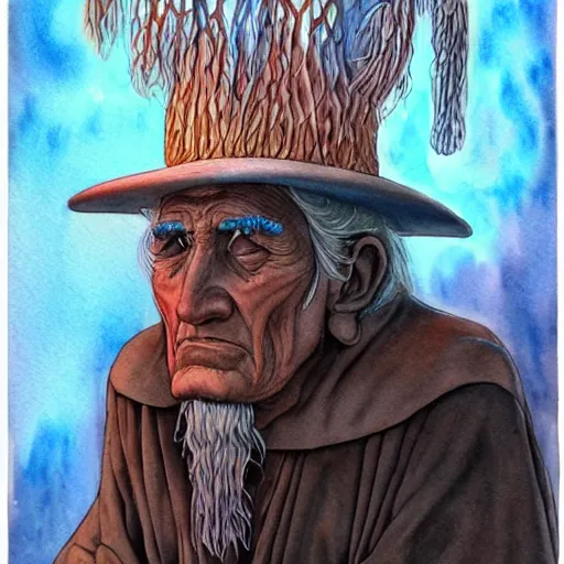 Prompt: very very very old shaman burns from the inside out, old gray haired mexican mage fire from inside, close his eyes with no pain, watercolor ink painting, in the style of jean giraud, in the style of moebius trending on artstation deviantart pinterest detailed realistic hd 8 k high resolution