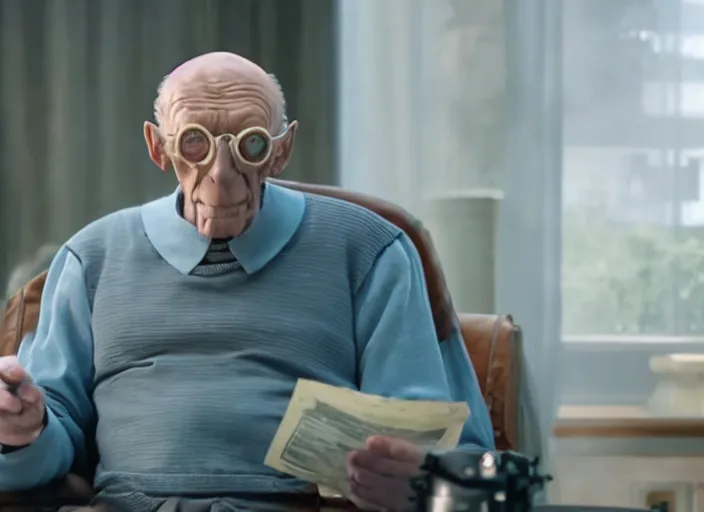 Image similar to film still of real life professor farnsworth in the new scifi movie, 4 k