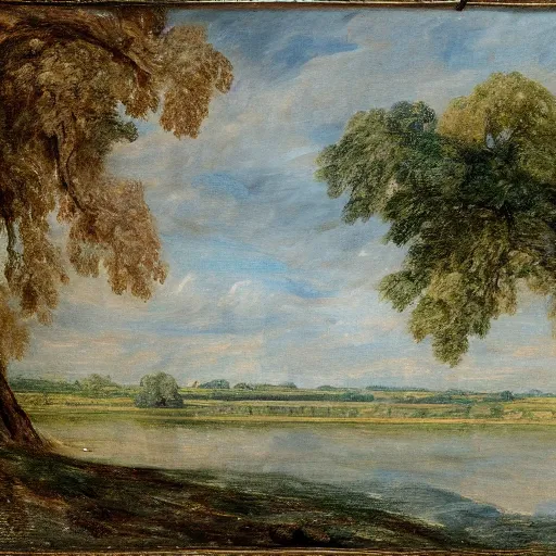 Prompt: painting of a large palace on the edge of a lake. Highly detailed. in the style of John Constable.
