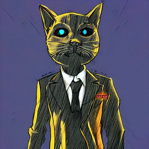 Prompt: cyberpunk cat in suit holding laser gun sketch