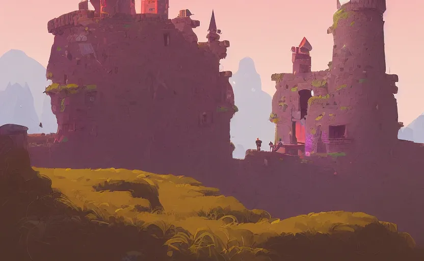 Prompt: old tiny castle on a hill, james gilleard, moebius, print, game art