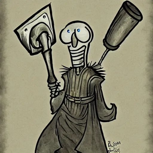 Prompt: squidward as a dark souls boss art by Bernard Krigstein's