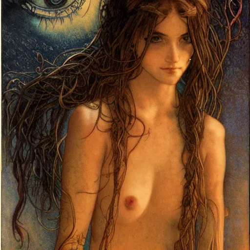 Image similar to Hermione in tattoos Extreamly beautiful Eyes Hypnotic Eyes Emotional Eyes by luis royo and Annie Swynnerton and Nicholas Roerich and jean delville glowing paper lanterns strong dramat