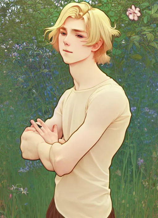 Image similar to pretty young man with shoulder length blond hair, male, half body shot, path traced, highly detailed, high quality, digital painting, by studio ghibli and alphonse mucha, leesha hannigan, hidari, art nouveau, chiho aoshima