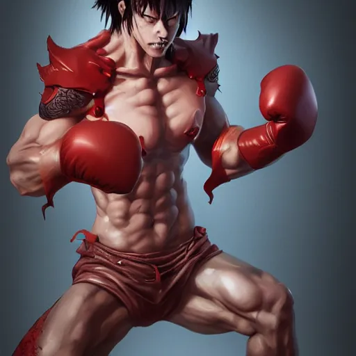 Image similar to demon hero, made by Tomohiro Shimoguchi, Ryō Akizuki,colored by stanley artgerm lau,boxing gloves,worn pants ,ArtStation, CGSociety