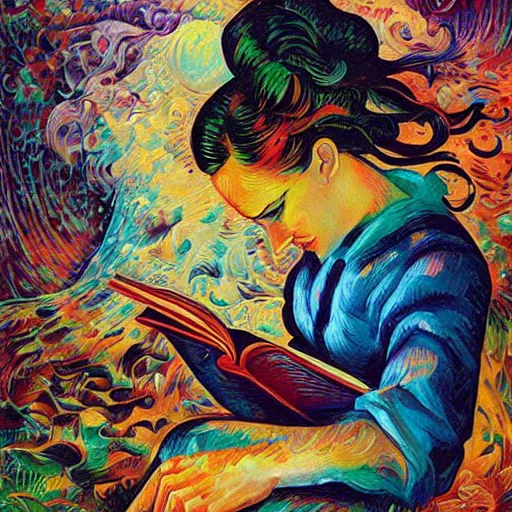 Prompt: a girl reading a book, surreal by dan mumford and umberto boccioni, oil on canvas