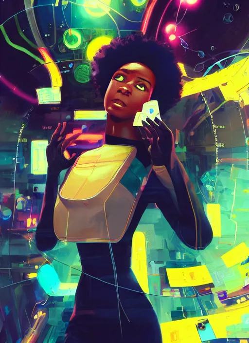 Image similar to afro - futurist scientist, computers and holograms, hacking the metaverse | hyperrealistic oil painting | by makoto shinkai, ilya kuvshinov, lois van baarle, rossdraws, basquiat | afrofuturism, in the style of hearthstone, trending on artstation | dark color scheme