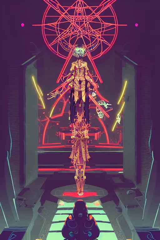 Prompt: cyberpunk blindfolded occultists worshipping a supernatural robot deity in a futuristic shrine, sci - fi concept art by bakaarts and darius puia and bartsy and sachin teng and pascal blanche and alphonse mucha and nekro and josan gonzalez, digital art, trending on artstation, 4 k, 8 k