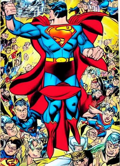 Prompt: 1 9 9 8 issue of jla cover depicting superman by ed mcguinness, masterpiece ink illustration,