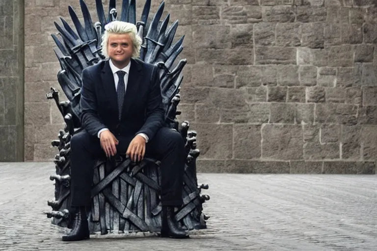 Image similar to geert wilders sitting on the iron throne