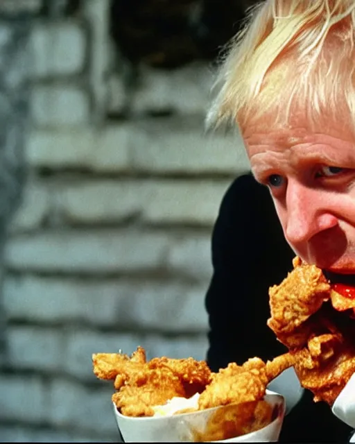 Image similar to film still close - up shot of boris johnson eating fried chicken from the movie monty python's the meaning of life. photographic, photography