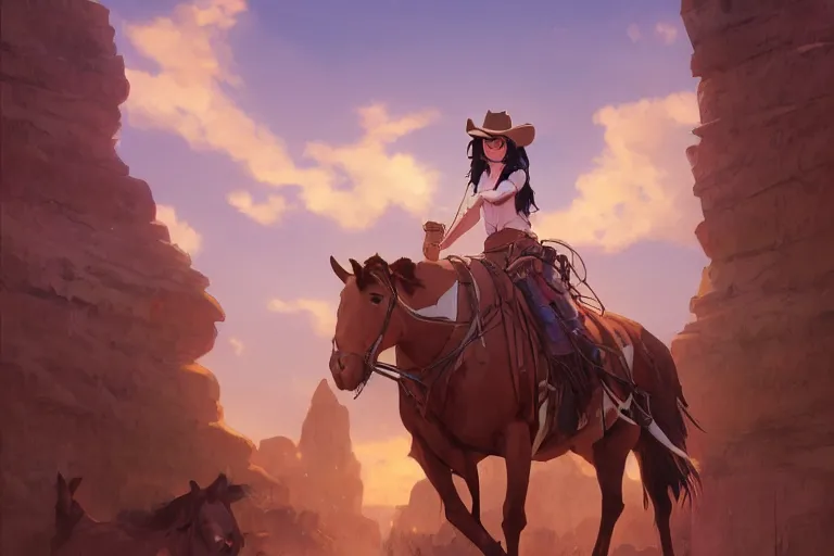 Image similar to cowgirl western girlfriend, scenic full shot, ambient lighting, detailed face, by makoto shinkai, stanley artgerm lau, wlop, rossdraws