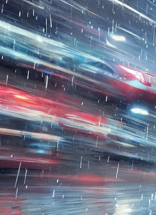 Prompt: raindrops turning into cars racing down a windows painting by artgerm and greg rutkowski and magali villanueve.