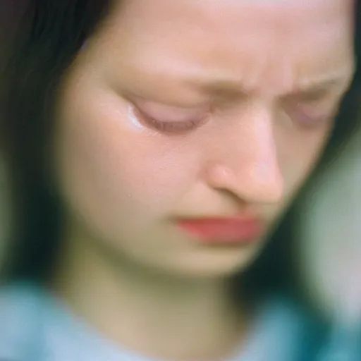 Image similar to a close-up of a woman’s face captured in low light with a soft focus. She’s devastated and crying, knowing she’s hopeless, cinestill 800t, 4k