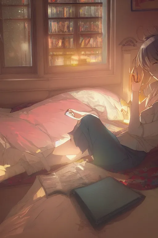 Image similar to a teenage girl with white short hair in a jk uniform outfit in the bedroom reading a book in a night, raining outside the window, orange theme, by krenz cushart and mucha and akihito yoshida and greg rutkowski and makoto shinkai, detailed eyes, 4 k resolution