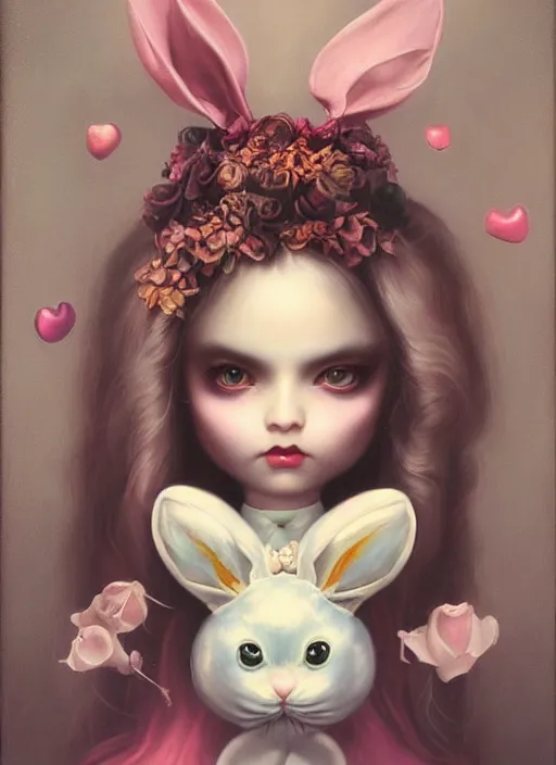 Image similar to pop surrealism, lowbrow art, realistic cute alice girl painting, holding a bunny, hyper realism, muted colours, rococo, natalie shau, loreta lux, tom bagshaw, mark ryden, trevor brown style,