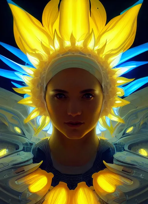 Image similar to symmetry!! portrait of a sunflower, sci - fi, tech wear, blue and yellow glowing lights!! intricate, elegant, highly detailed, digital painting, artstation, concept art, smooth, sharp focus, illustration, art by artgerm and greg rutkowski and alphonse mucha
