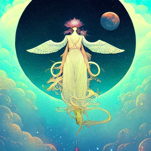 Prompt: an highly detailed illustration of an angel of the moon luna, in the heavens by victo ngai, peter mohrbacher digital art saturated colors