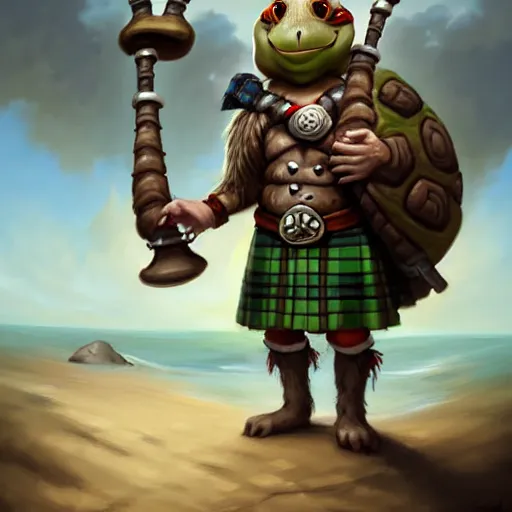 Prompt: an anthropomorphic turtle, wearing a kilt, holding a billowy magic scottish bagpipe, walking up the sandy beach, DnD character art portrait, matte fantasy painting, DeviantArt Artstation, by Jason Felix by Steve Argyle by Tyler Jacobson by Peter Mohrbacher, cinematic lighting