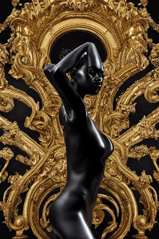 Image similar to hyperdetailed masterpiece portrait of a glossy black marble statue of a ballerina covered in gold metallic liquid in the style of virgil abloh, offwhite, heron prestorn, denoise, vogue, paris, fashion, louvre museum, highly detailed, realistic, hyperreal, 8 k, 4 k, render