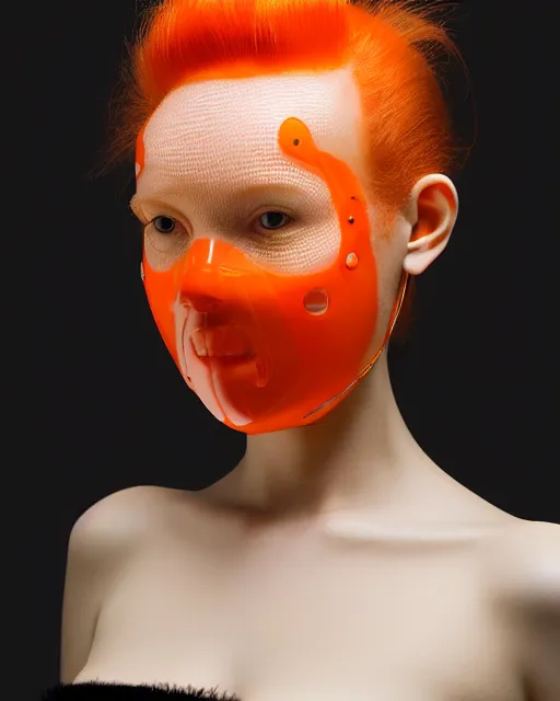 Image similar to symmetrical close - up portrait of a woman wearing a translucent silicone beauty mask and orange hair, wearing a black bodysuit by alexander mcqueen, black background, soft diffused light, biotechnology, humanoide robot, bjork aesthetic, translucent, by rineke dijkstra, intricate details, highly detailed, masterpiece,