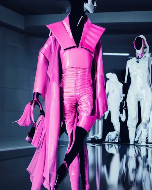 Image similar to an award winning fashion photograph of Balenciaga's fashion week 2049 campaign by Catherine Opie and Hajime Sorayama, Demna Gvasalia, cyberpunk, futuristic, Bladerunner 2049, dazzle camouflage!, dayglo pink, dayglo blue