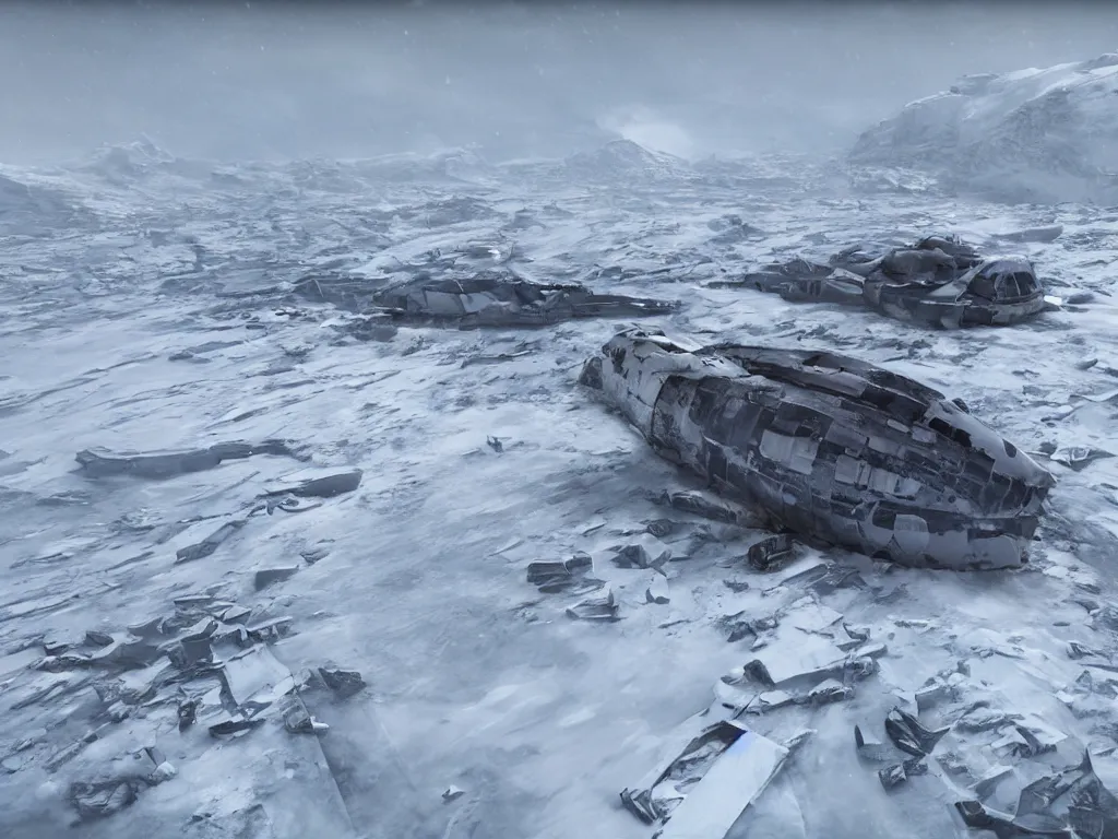 Prompt: Gigantic spaceship wreck covered in snow in the middle of arctic, surrounded by people. Megalophobia. Dramatic, Cinematic, ArtStation, realistic photograph, ambient, dark shades of colors, Unreal Engine 5, rendered by Octane.