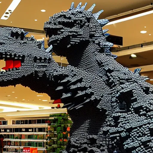 Prompt: Godzilla made out of lego blocks in a mall, photorealistic