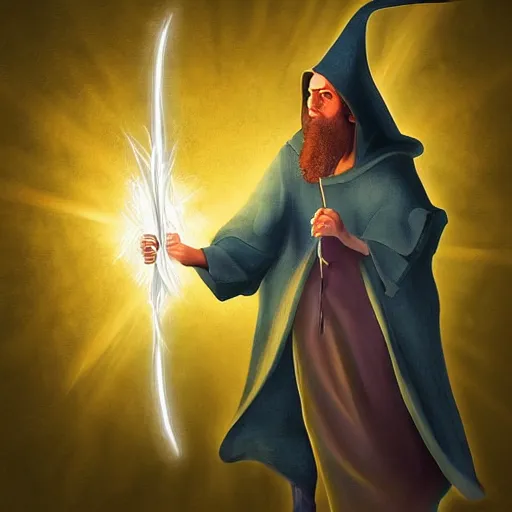 Prompt: A wizard holding a wand casting a spell of light, digital art